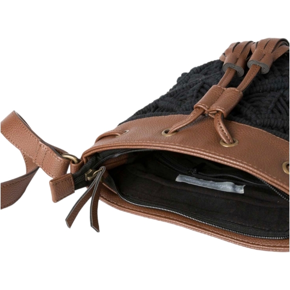 Noonday Collection Kuro Crossbody Black Macrame Brown Vegan Leather Boho Tassles - Picture 2 of 5